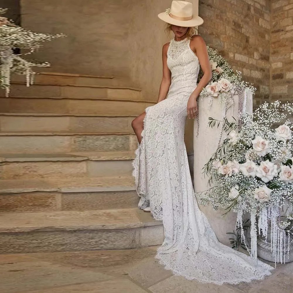 Customized Lace Mermaid Bridal Dress with Split Halter Pastrol Wedding Gown Minimalism Backless robe de mariage