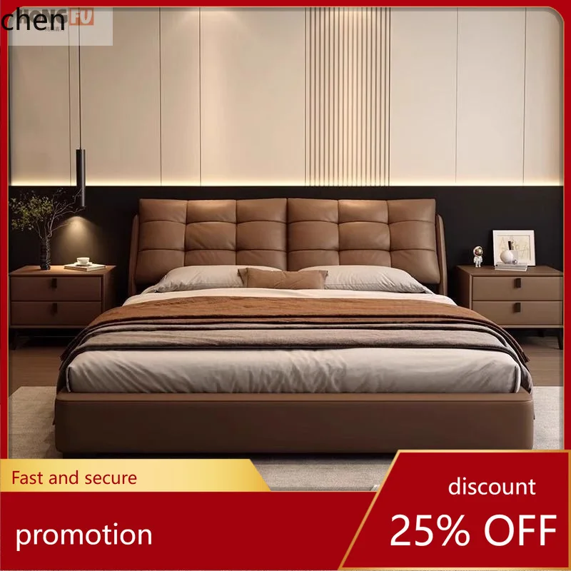 HT Genuine Leather Bed Large Bed Cream Style Master Bedroom Double Bed Modern Minimalist