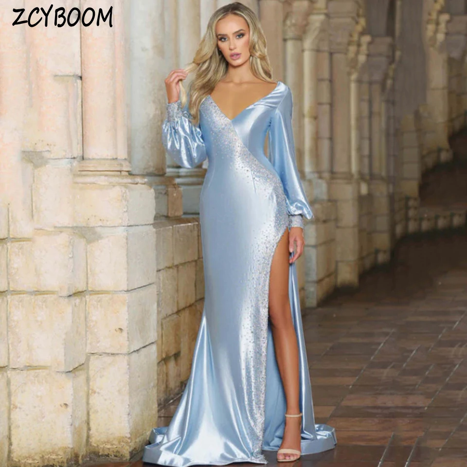 Charming Sky Blue V-Neck Sequin Beaded Side Slit Evening Dress 2025 Mermaid Floor Length Sweep Train Open Back Prom Dress