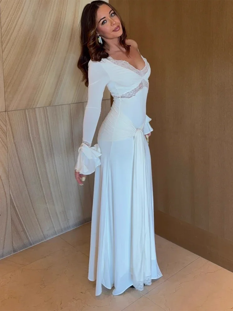 

Trendy Lace Patchwork Maxi Dress Women V-neck Flared Sleeves Waist Cinching Pleated Bodycon Vestidos New Street Style Dresses