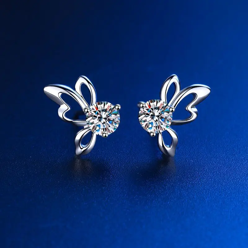 Nieuwe S925 Sterling Zilveren Stud Oorbel Voor Vrouwen Vlinder Witte Ronde Moissanite Oorknopjes