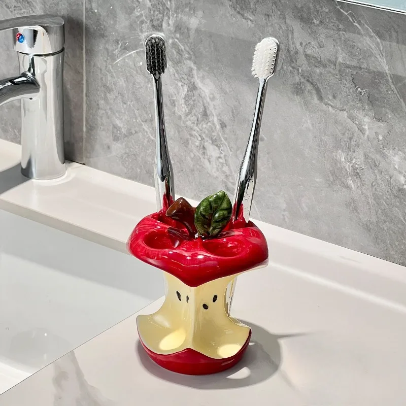 Apple Core Toothbrush Holder Drainage Toothbrush Stand Cute Bathroom Vanity Storage Decor