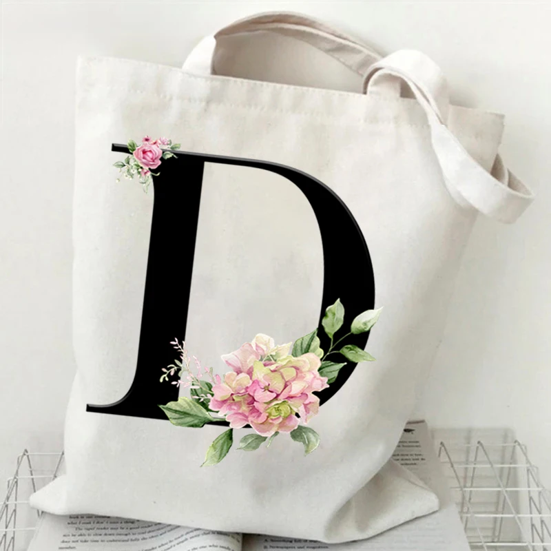 Women Tote Bag Black Alphabet Rose Canvas Shoulder Bag Large Capacity Vintage Portable Practical Commuter Bag Letter Y2K Handbag