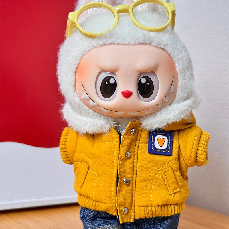 

Для куклы Labubu, теплая зимняя шерстяная шапка с воротником, куртка на хлопковой подкладке, подходит для одежды Labubu, аксессуары, подходит для куклы 17 см