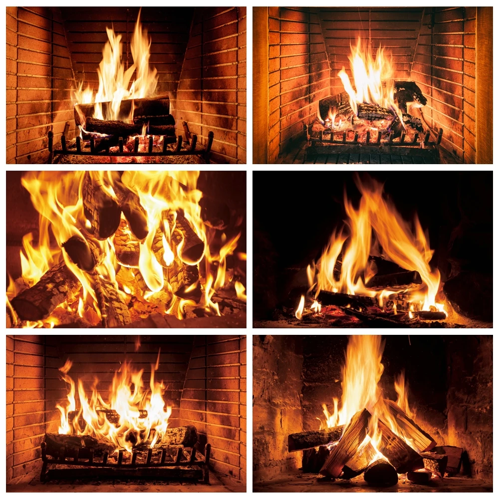 Fire Photo Backdrop Fireplace Burning Firewood Home Decor Poster Christmas Brick Wall Photography Background For Photo Studio