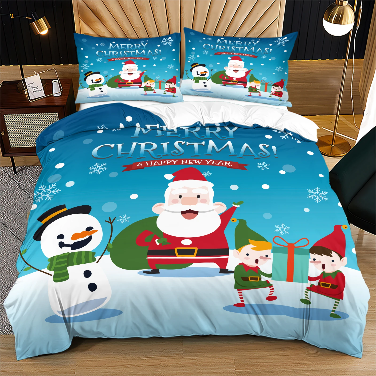 Xmas Holiday Duvet Cover Bedding Set With Santa, Snowman, Elves and Holiday Greeting Pattern Cheerful Bedding