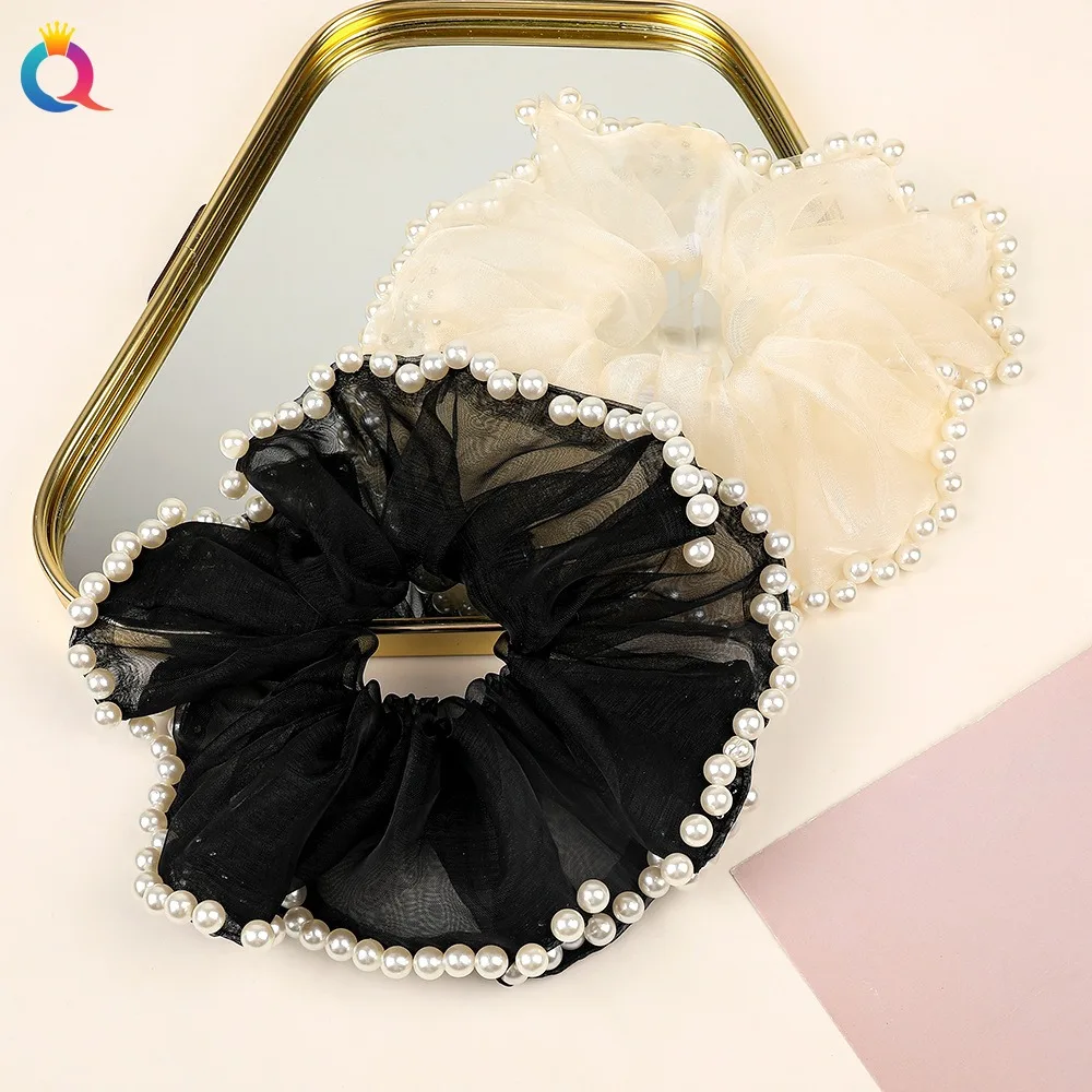 Flower Hair Ring Mesh Pearl Large Intestine Hair Tie Fashion Rhinestone Hair Scrunchie Black Elegant Sweet Ponytail Headdress