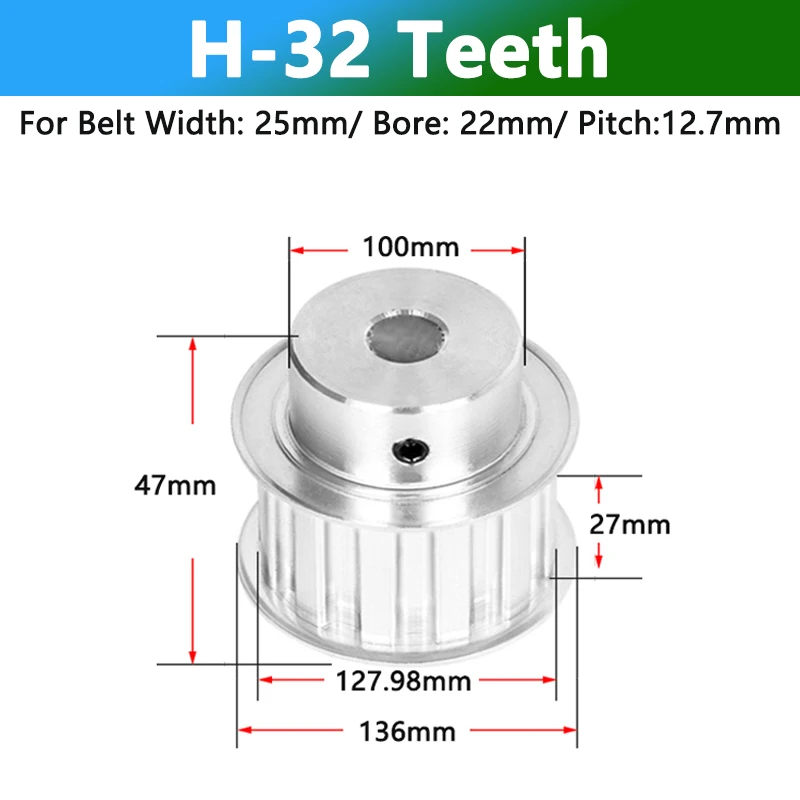 

1pc 32 Teeth H Timing Pulley 32T Aluminum Synchronous Wheel Keyway Bore 22mm for Belt Width 25mm Pitch 12.7mm BF Type