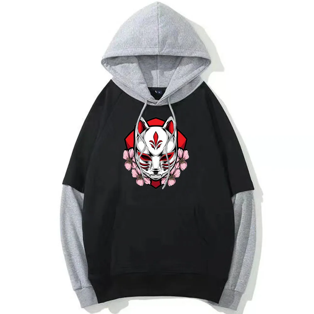 Kitsune Fox Mask Hoodie Men/Women Patchwork Sweatshirt Anime Graphic Hoody Japanese Style Pullovers Manga Printing Clothing