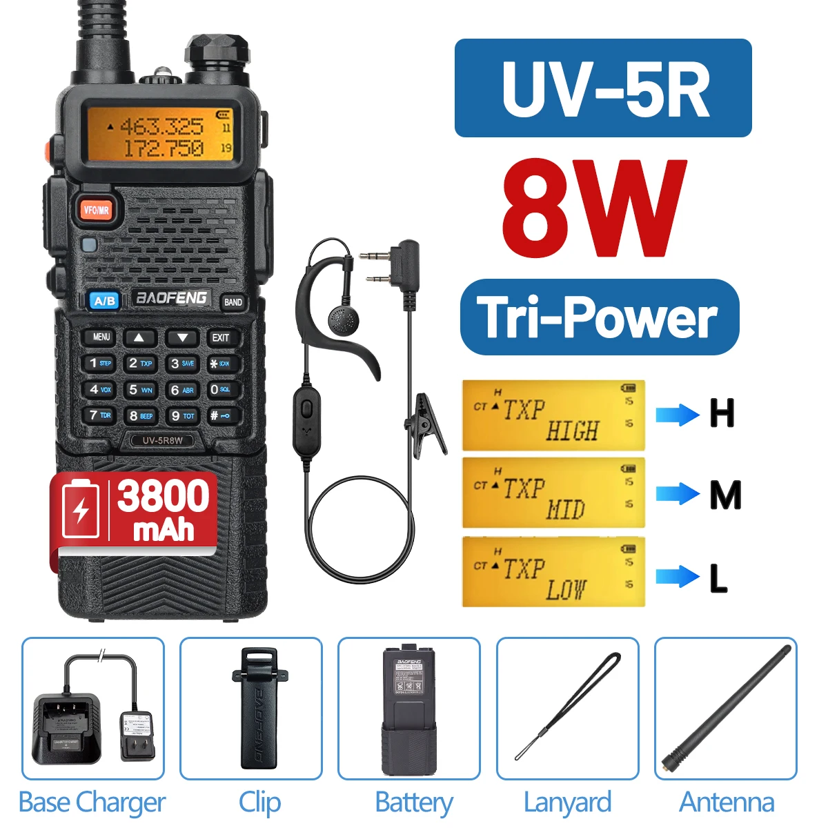 Baofeng walkie talkie uv 5r 5w 8w Dual-Band-Schinken Zwei-Wege-Radio vhf uhf fm Hand-Transceiver Jagd 16km