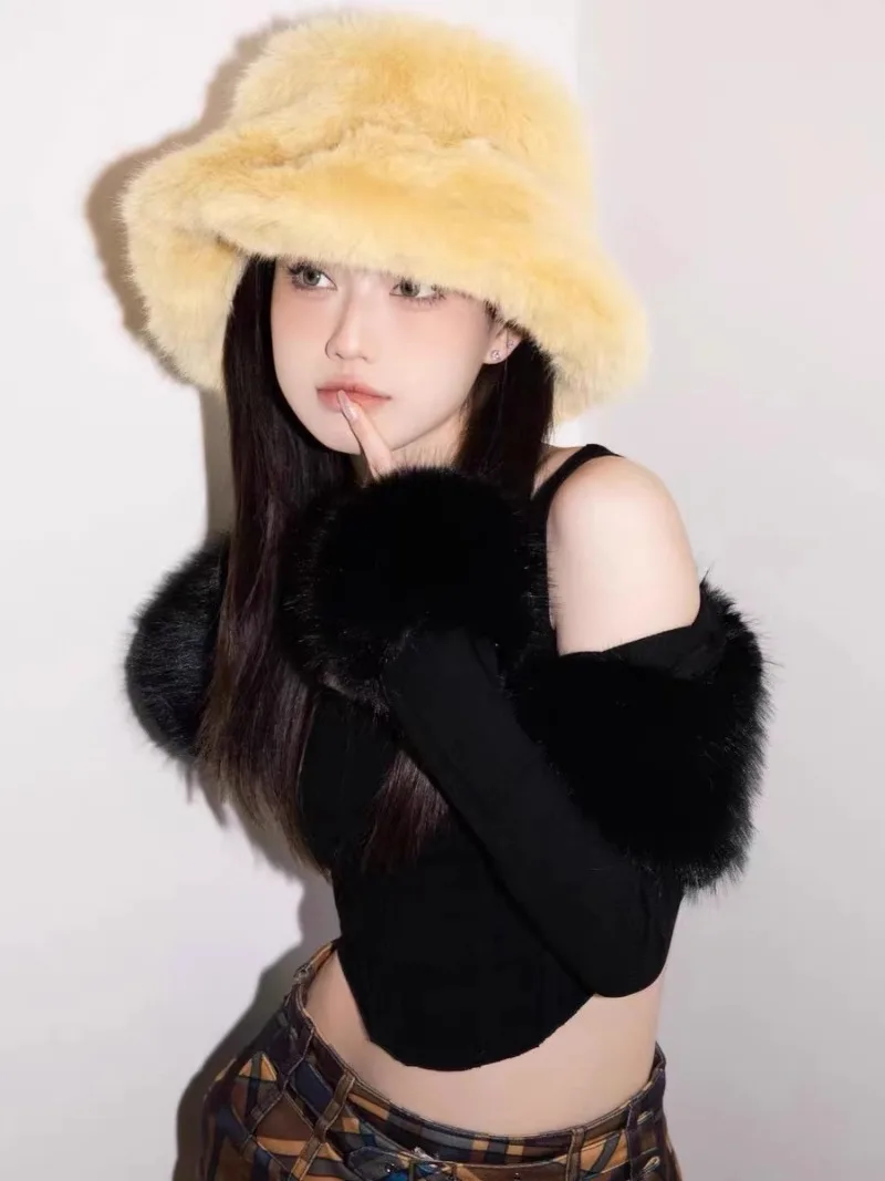 Helle Gelbe Nachahmung Nerz Pelz Eimer Hut frauen Winter Flauschigen Plüsch Becken Kappe Warme Sonnenschutz Panama Stil Koreanische neue – Detail 37