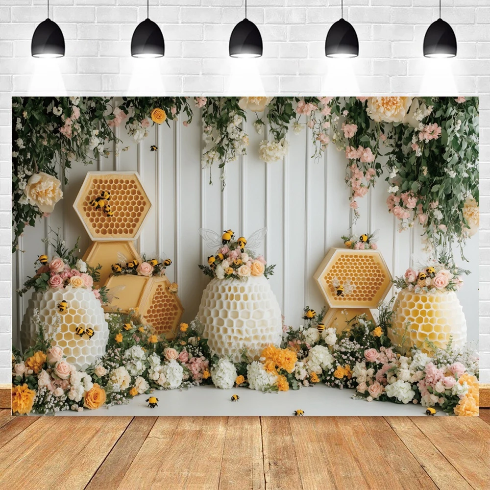 かわいい蜂のハニカム写真背景幕花子供赤ちゃん誕生日ビニールポリエステル子供パーティーポートレート装飾写真撮影の背景