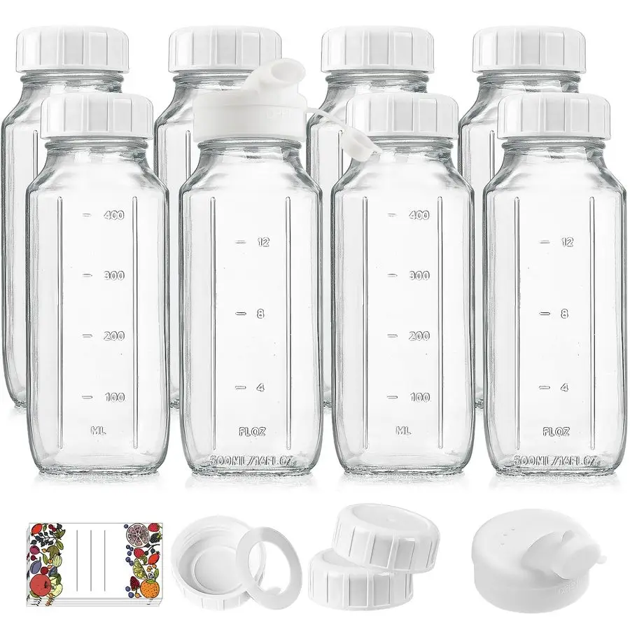 

Pack 16 Oz Reusable Glass Milk Bottles w 100 Airtight Heavy Duty SCREW Lid amp 2 Pour Spouts Glass Juice Bottles w Capacity Mark