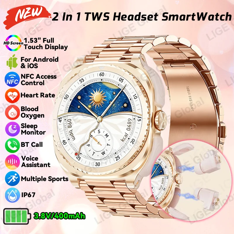 

LIGE 2 в 1, умные часы с наушниками-вкладышами, NFC Smartwatch TWS, Bluetooth-наушники, монитор сердечного ритма, кислорода в крови, спортивные часы для фитнеса