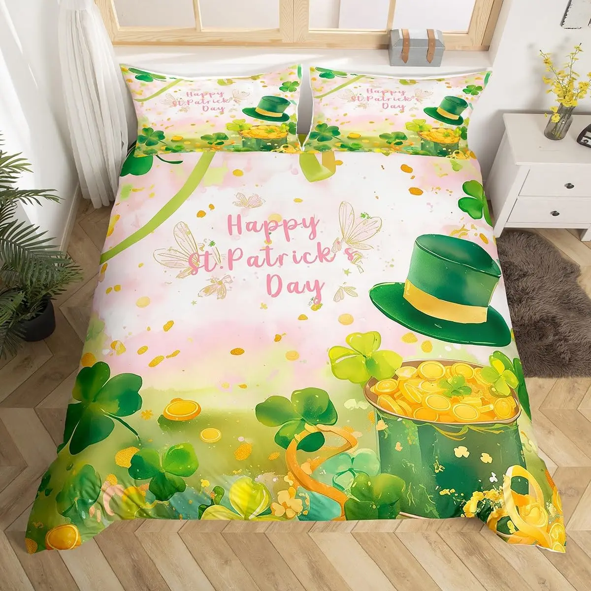 St.Patrick's Day Duvet Cover Twin Queen Lucky Clover Leaves Bedding Set for Boys Girls Cartoon Comforter Cover with 2 Pillowcase