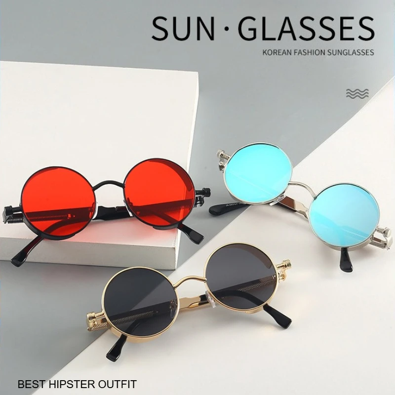 

Retro Round Frame Sunglasses with Metal Spring Hinges Featuring Reflective and Colorful Lenses in A Steampunk Style Sun Glasses