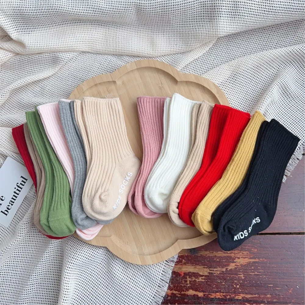 Plain double-needle anti-slip floor socks infants toddlers spring and autumn solid-colored mid-calf socks for boys and girls