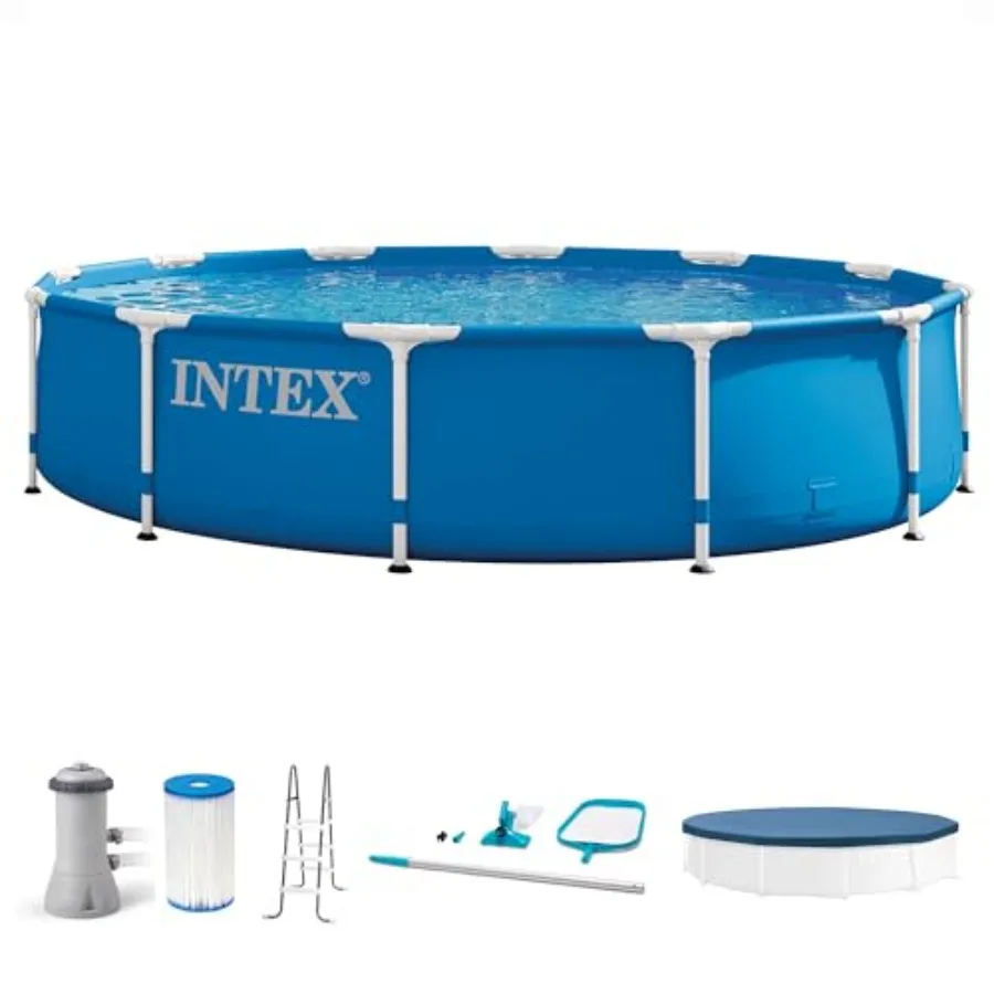 Intex 12 Foot by 30 Inch Framed Above Ground Swimming Pool with 42 Inch Tall Ladder, Maintenance Kit Vacuum Skimmer, and Secure
