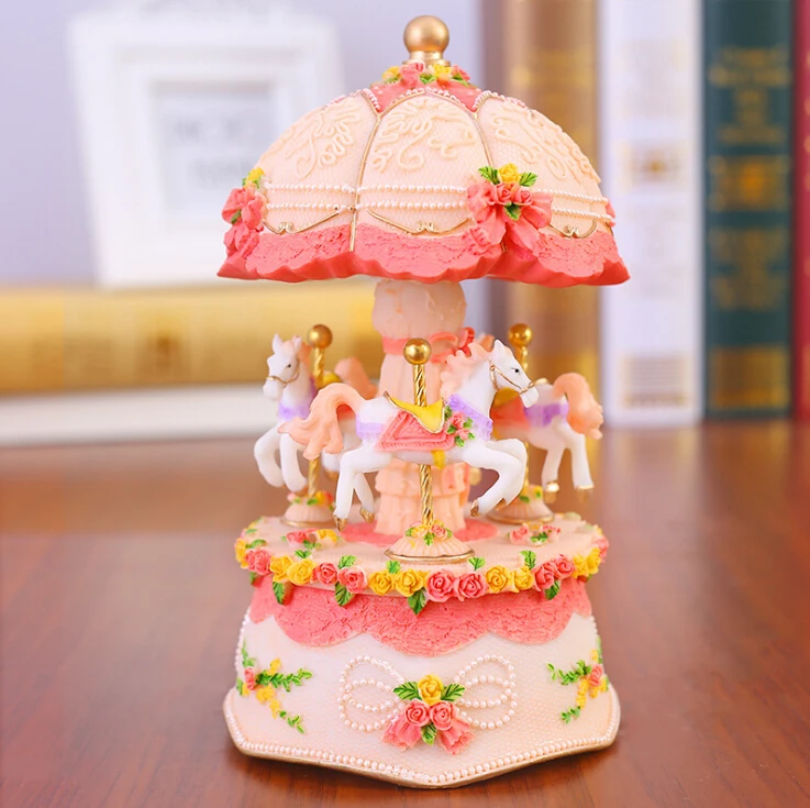 Imagem -03 - Led Light Resin Carousel Music Box para Crianças Moderno Piscando Artesanato Ornamento Aniversário Presentes de Casamento Home Desk Acessórios Decoração