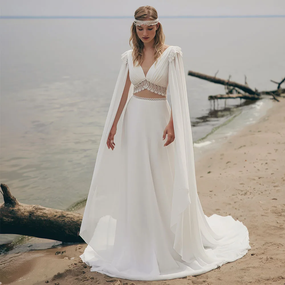

Bohemian White Greek Goddess Lace Cape Chiffon Beach Wedding Dress 2026 Customized V-Neck Chapel Train Sleeveless Bridal Gowns
