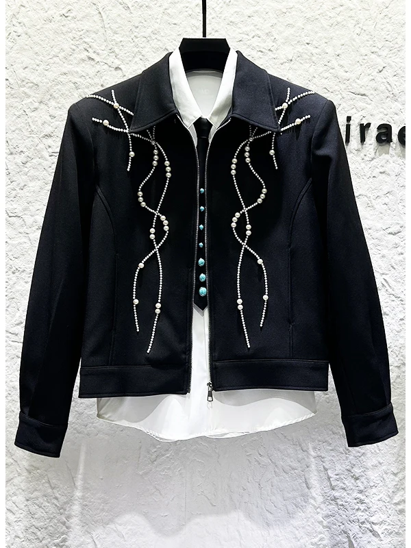 2025 Fashion Heavy Embroidery Pearl Black Lapel Jacket Set Handsome Boy Korean Version Loose Casual Wide-Leg Pants