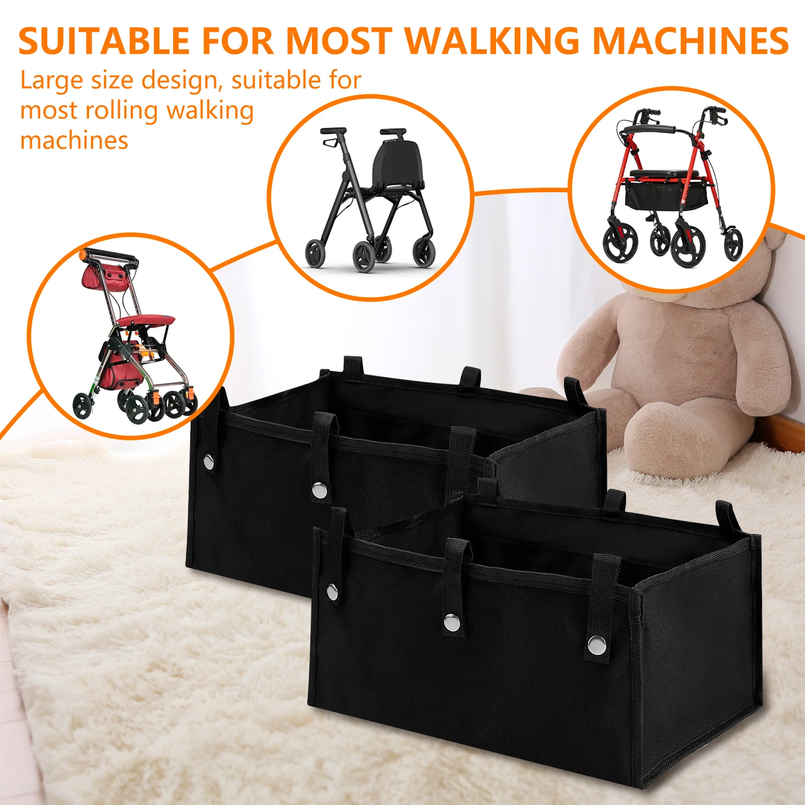 1/2Pcs Large Rollator Walker Basket Foldable Oxford Cloth Under Seat Rollator Pouch for Wheelchair Medical Replacement Storage