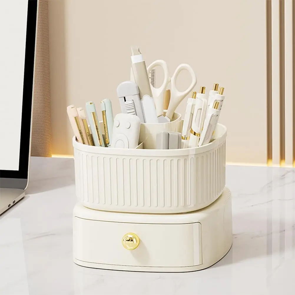 

Pencil Pen Holder with Drawer, Rotating Desk Organizer, 5 Slots Desktop School Supplies, Desk Accessories for Office, School,
