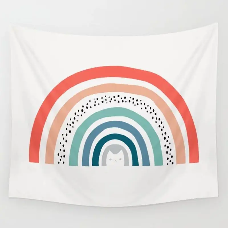 VIKAMA Morandi Rainbow Cat Tapestry Nordic Simple Wave Point Rainbow Cat Background Cloth Warm Tapestry Room Decoration