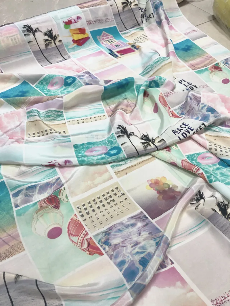 Beach Photo Print Pure Silk Designer Fabric Lightweight Summer Shirting Material, Creative Apparel Textile