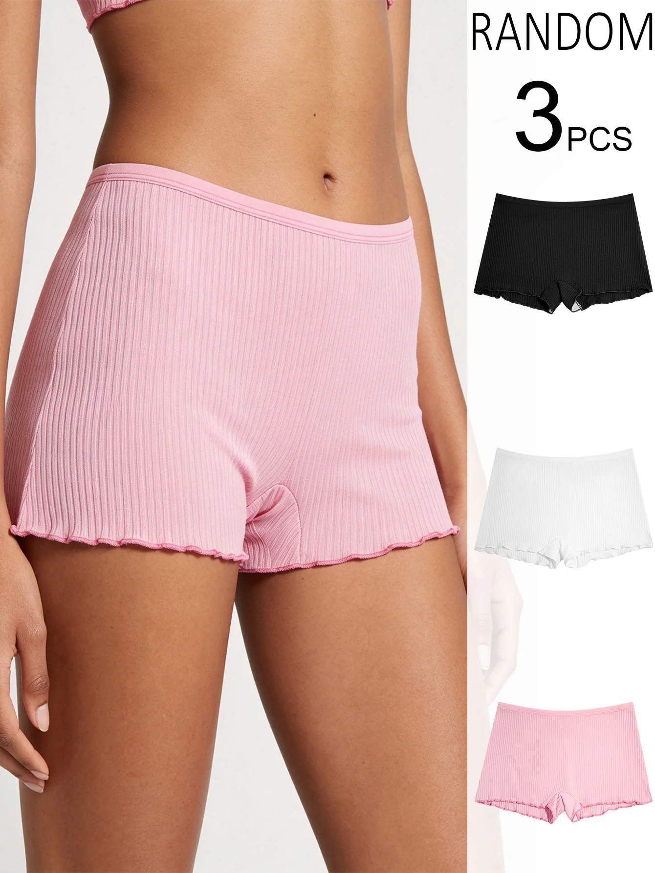 3-Pack Random Color Basic Women's Flat Angle Pants With Thread, Anti Light Leakage, Black Fungus Edge, Pure Cotton Crotch