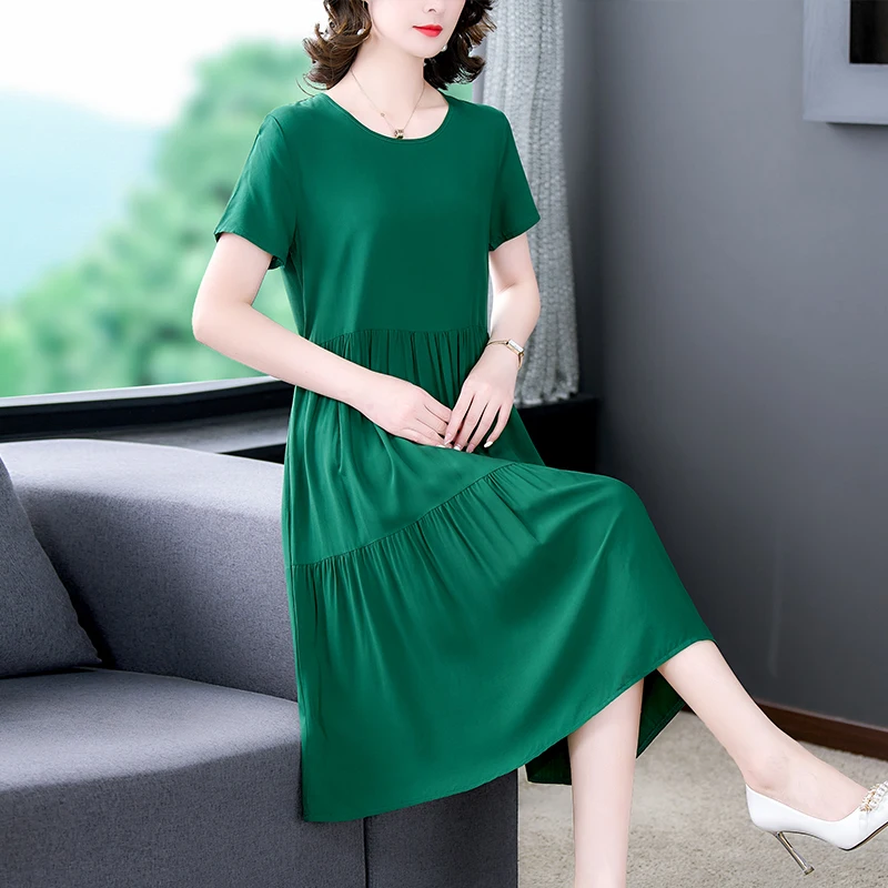 

2024 New Women Fashion Summer Solid Color Vestidos Female Clothing Short Sleeve Causal Dress Ladies O-Neck A-line Dresses N105