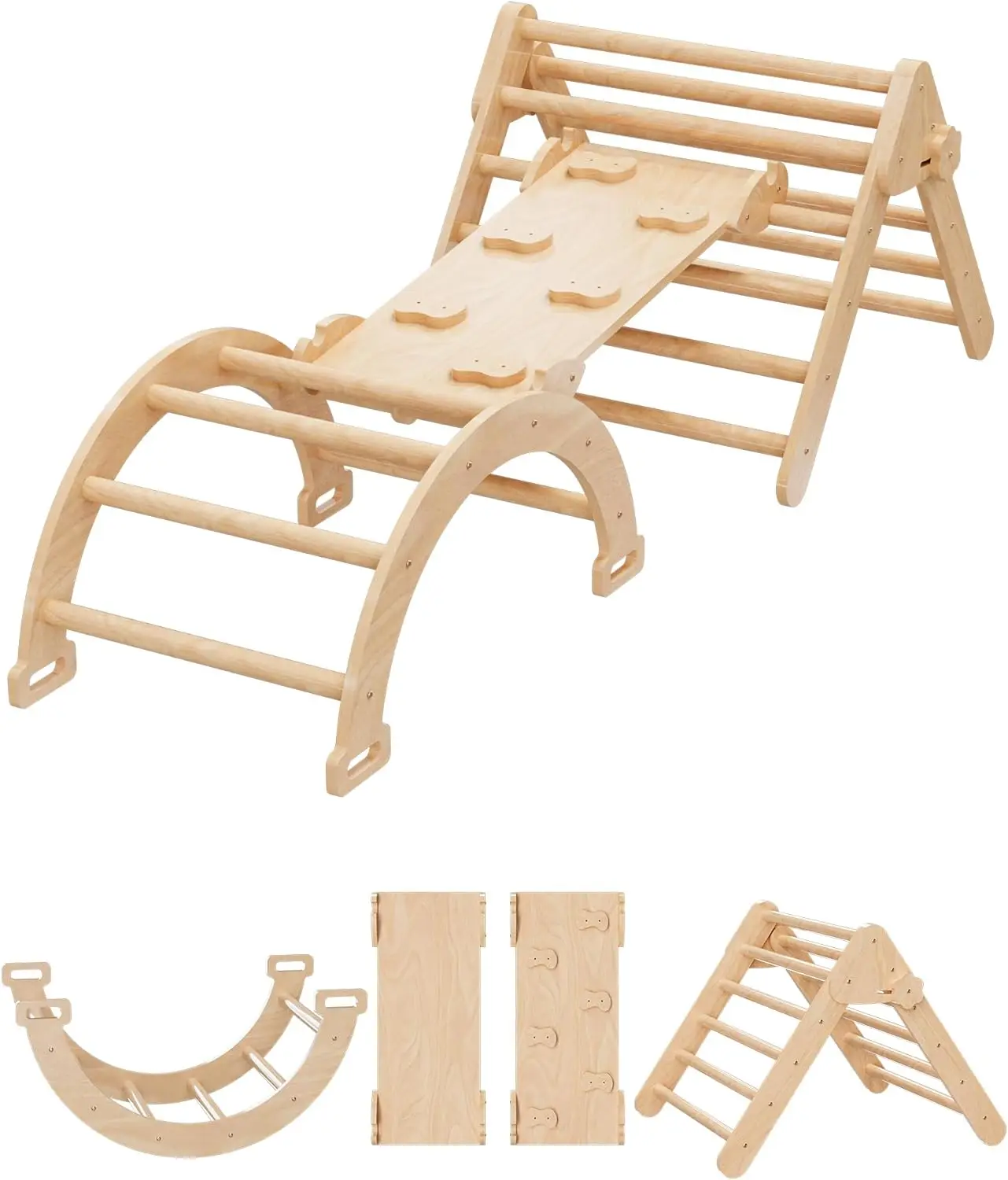 Set triangolo Pikler 5 in 1, giochi da arrampicata pieghevoli per interni, con scalatore ad arco, bilanciere, palestra nella giungla, rovere