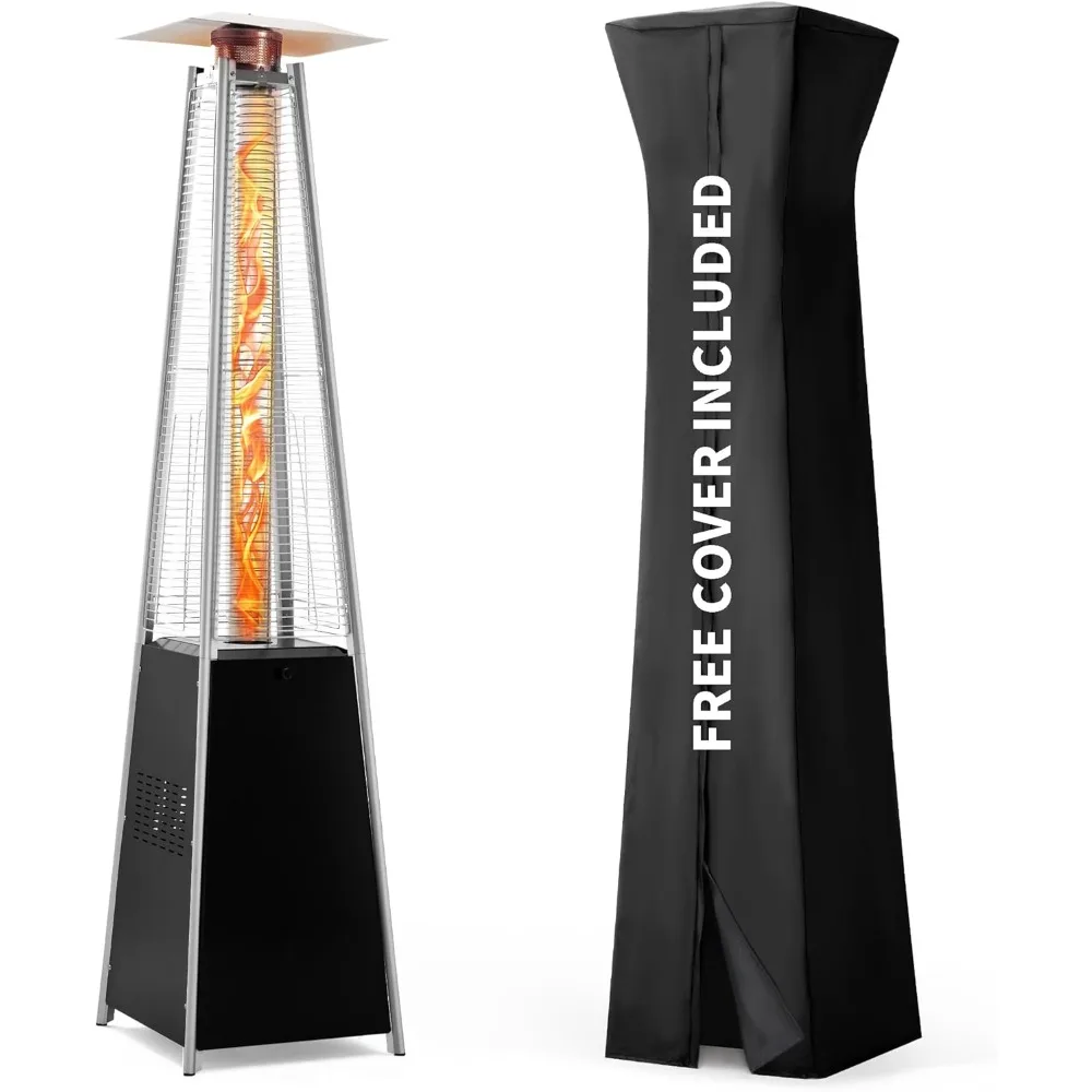 Patio Heater with Cover, 48,000 BTU Pyramid Flame Outdoor Heater Quartz Glass Tube Propane Heater