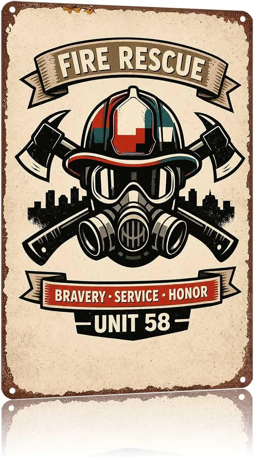 Metal Sign Vintage Fire Rescue Unit 58 Bravery Service Wall Decor | Classic  ,Retro,Waterproof Aluminum,Funny,UV-printing,Easy T