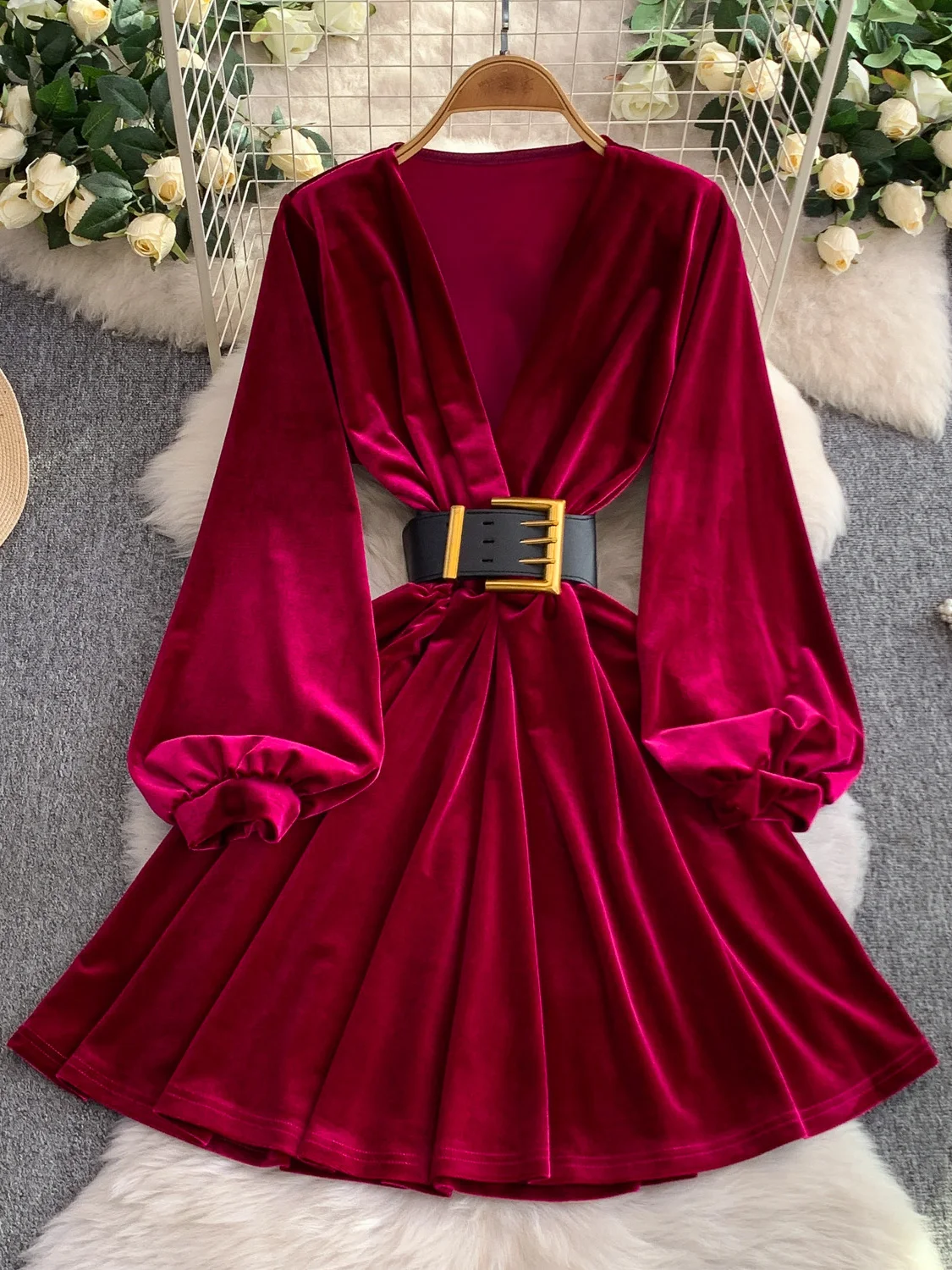 Rétro velours croix v-ne lanterne Sve Dr femmes ceinturée taille mince ort jupe longue Sve a-ligne Dr pour l'automne