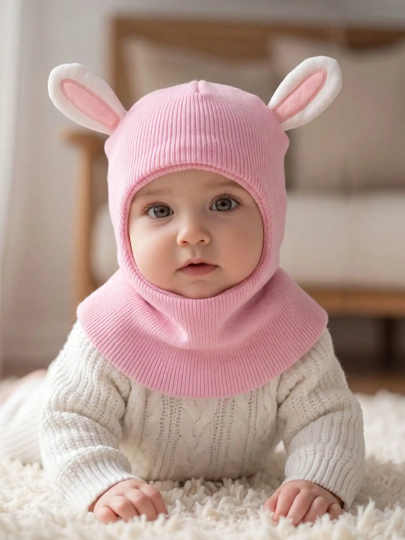1 Stück 6M-4Y Kleine Mädchen 3D-Kaninchen-Balaclava-Strickmütze, Niedliche Kaninchenohren Weiche Leichte Kinderkopfbedeckung für den Alltag – Detail 3