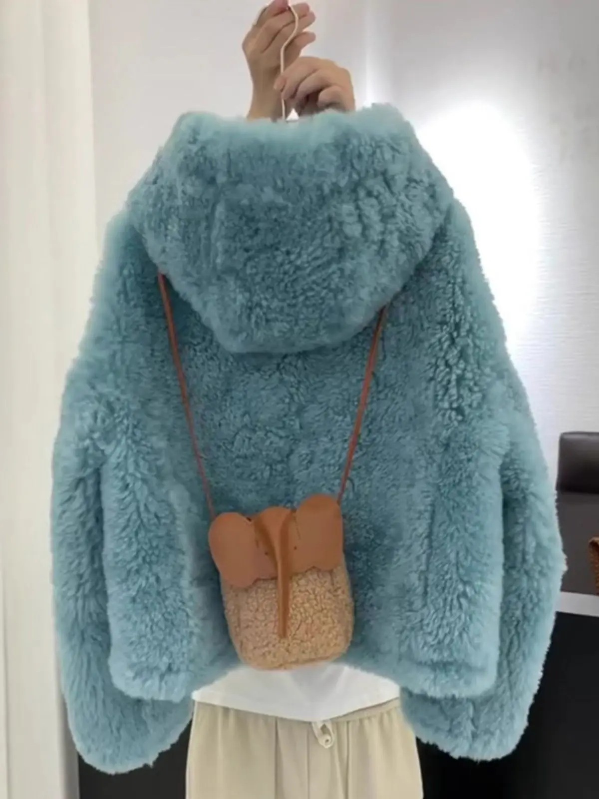 Ladies' Short Blue Cotton Jacket Lambskin Simulation Korean Style Lazy Fashionable Hooded Top for Young Women Summer Autumn