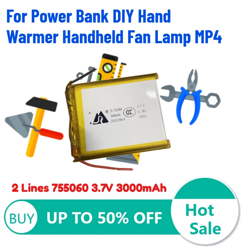 2 Lines 755060 3.7V 3000mAh Lithium Polymer LiPo Li-Po Rechargeable Battery for Power Bank DIY Hand Warmer Handheld Fan Lamp MP4