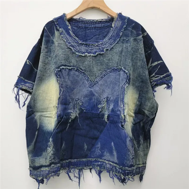 WTHT, trajes Vintage a la moda para mujer, camiseta vaquera de manga corta de retazos, conjunto de pantalones vaqueros sueltos de cintura alta para mujer, primavera 2025, 1LS884