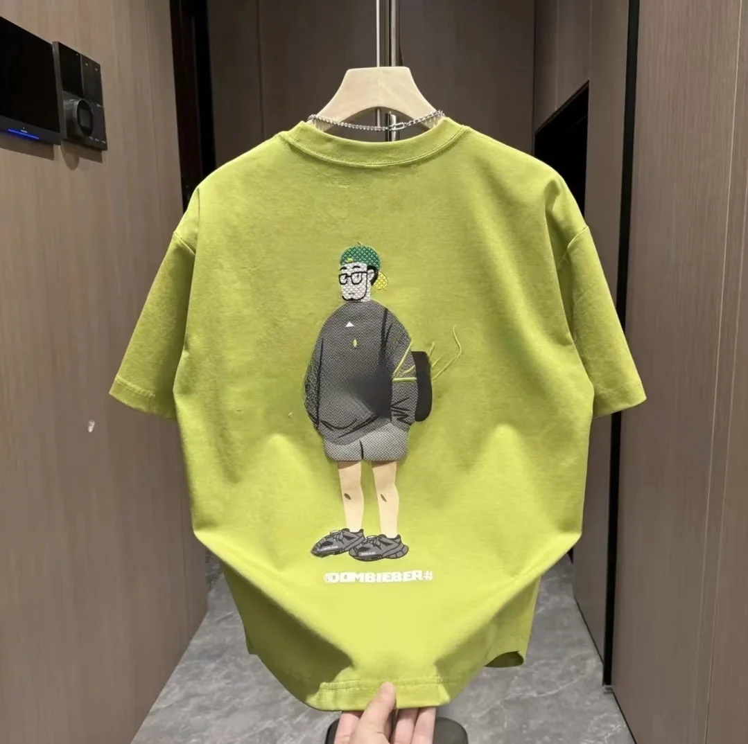 Spring Summer Men's Fashionable Casual Embroidered Print Short Sleeve Loose Breathable round Neck T-Shirt Creative Fun Cartoon