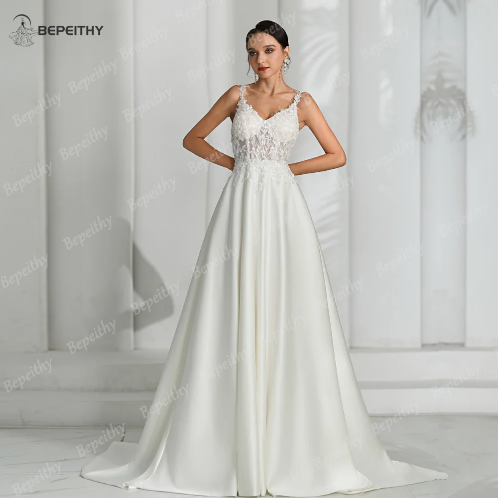 BEPEITHY Personalizzato Scollo A V Avorio Abiti Da Sposa In Raso Senza Maniche 2023 Donne Backless Abiti Da Sposa Boho Abiti Da Sposa 2024