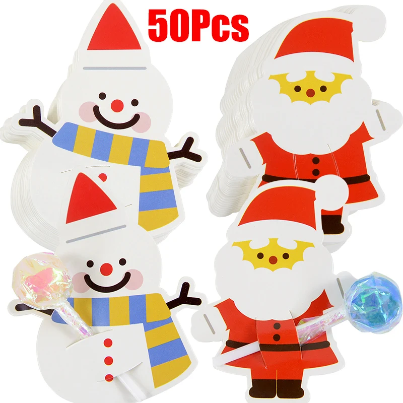 50Pcs Christmas Lollipop Paper Cards Santa Claus Candy Lollipop Packing Decor Christmas Home Decoration Kids Xmas Gifts New Year
