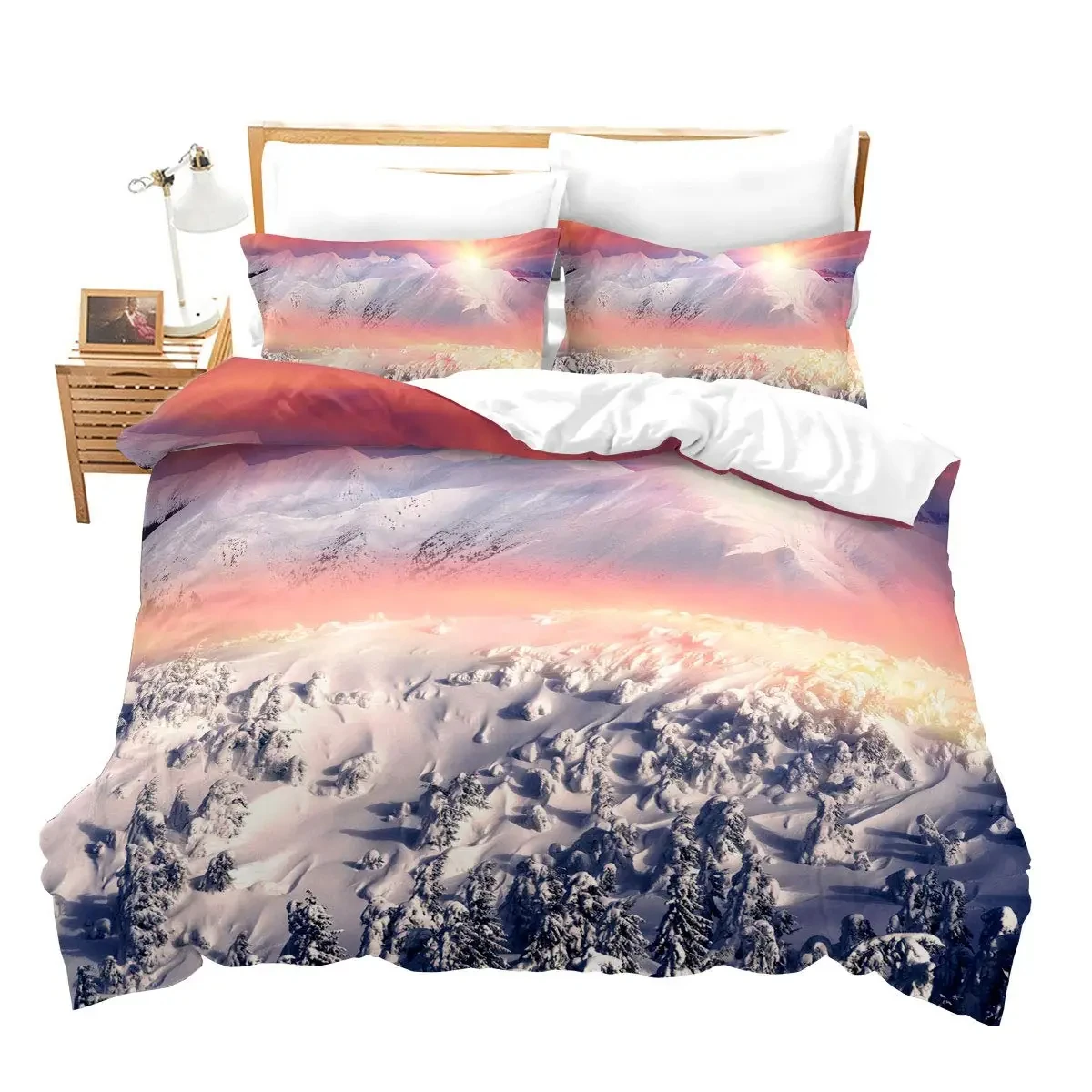 Snowy Mountain Twin Queen Duvet Cover Rolling Snow Mountain Bedding Sets Microfiber Natural Scenery Comforter Cover with Zipper