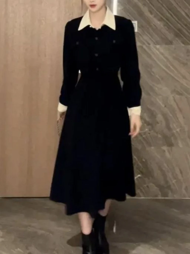 Winter Black Hepburn Midi Dress Women Elegant Slim Long Sleeve Button Dress French Casual Evening Party Vintage Chic Y2k Dress