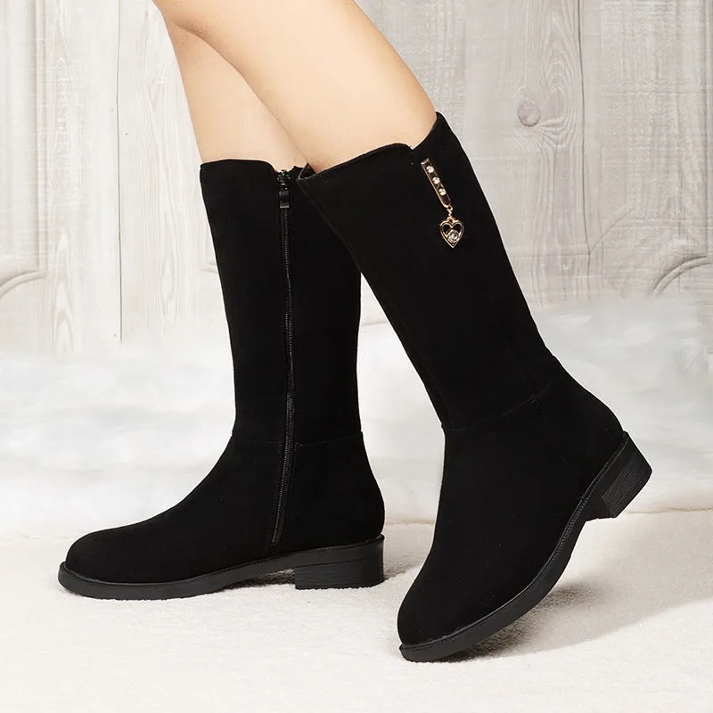 Cow Suede Mid-Calf Modern Boots 2023 New Square Heel Women\'s Shoes Winter Adult Round Toe Metal Decoration Women\'s Boots