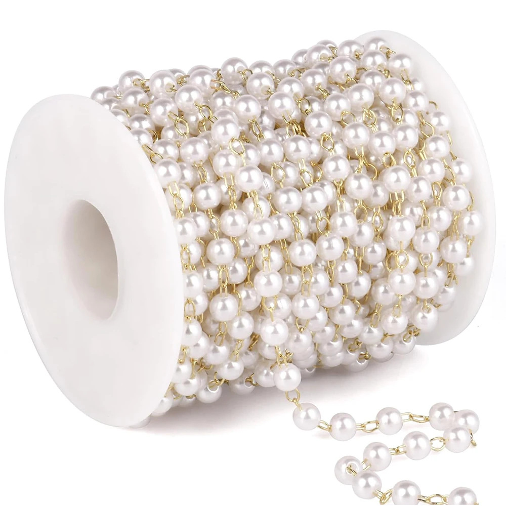 66 Feet(20 Meter) Faux Pearl Brass Chain 3/4/5/6/8mm Pearl Beads Chains Bulk for DIY Necklace Bracelet Choker Jewelry Making
