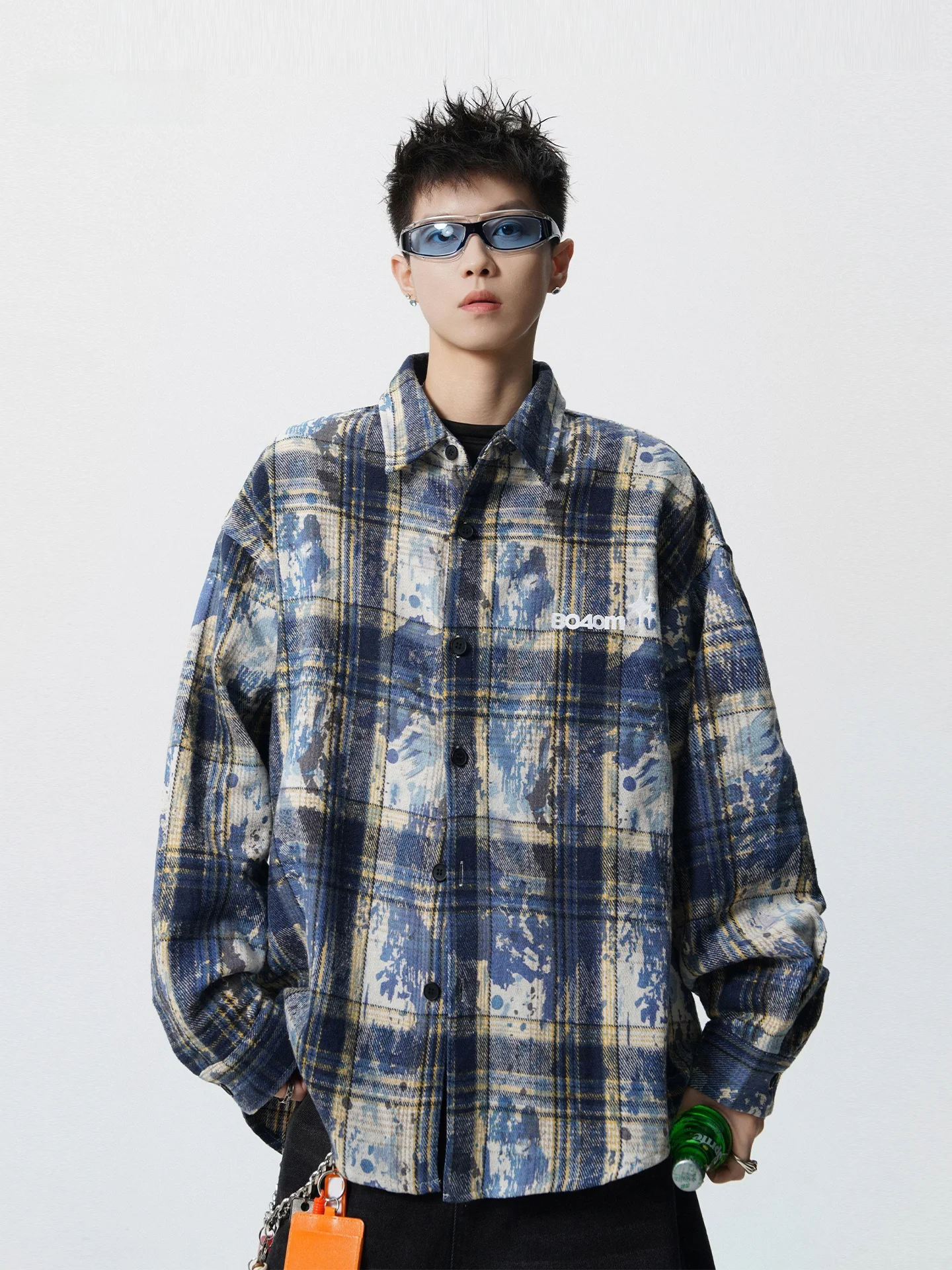 

Trendy Embroidered Tie-Dye Plaid Long Sve Men's irt Casual Loose Outerwear Cotton Polyester Autumn Wear Youth Faion