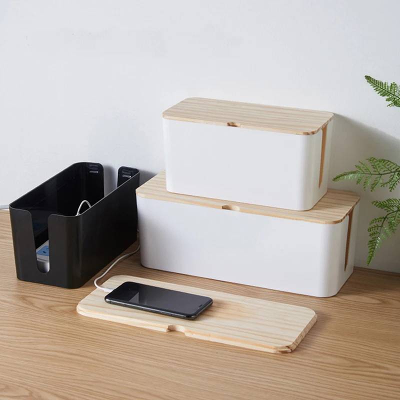 Cable Storage Box Power Strip Case Wooden Power Line Wire Management Organizer Anti-Dust Charger Socket Network Line Storage Bin