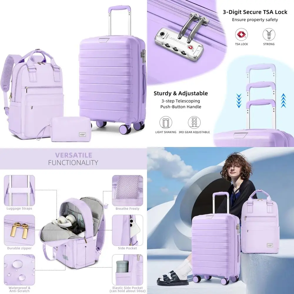 

3 Piece Hardside Spinner Luggage Set with TSA Lock, Lavender, Women's Travel Suitcase Carry-On, 360° Wheels, Durable PP Material