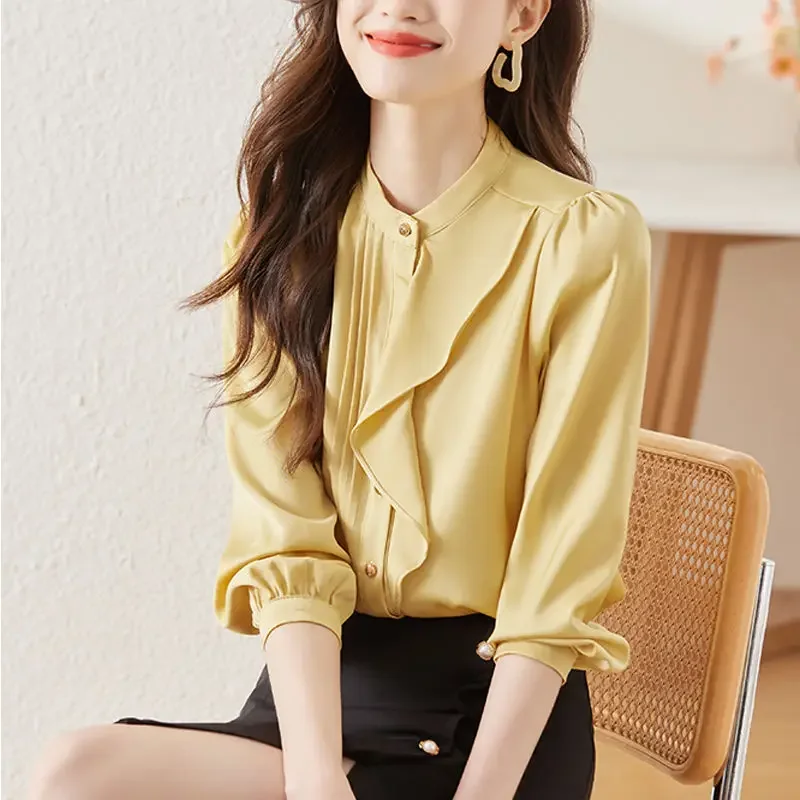 Women Ruffle Elegant Chic Button Up Shirt Fashion Stand Collar Office Lady Business Casual Blouse Solid Long Sleeve Tops Blusas